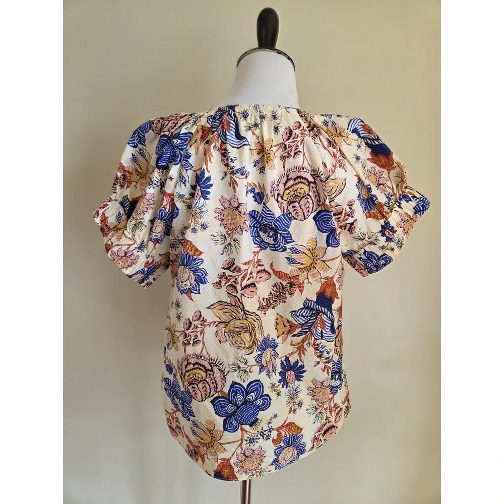 Ulla Johnson Naomi‎ Top Cotton Floral Cream Red Blue Ruched Sleeve Blouse Size 2